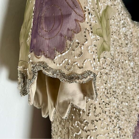Lawrence Kazar Beaded Silk Dress Ivory Lavender Floral Scallop Short Sleeve 8 P - Picture 5 of 15